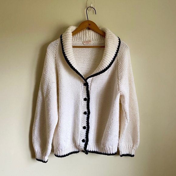 Sweaters - Handmade Vintage Grandma Knit Sweater w/ Black Trim Buttons Collar